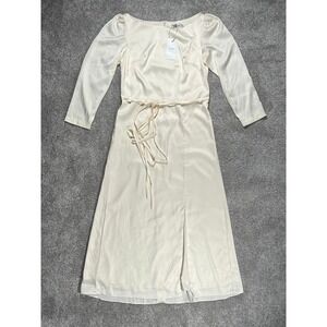 NOIRE Women Cream Satin Long Sleeve Midi Dress with Front Slit and Waist Tie S